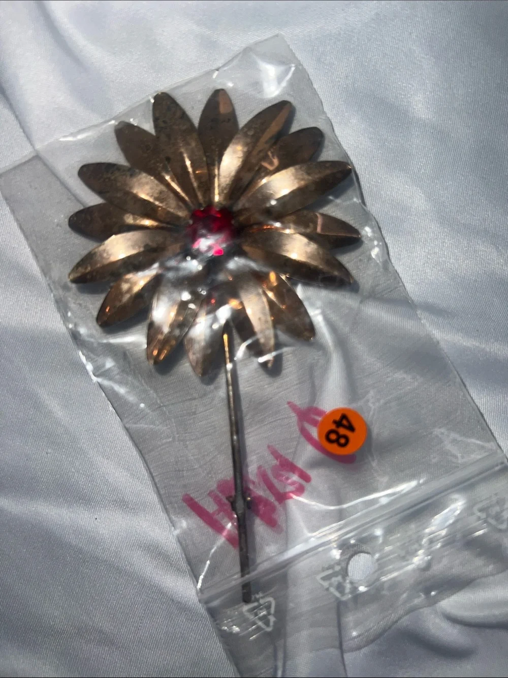 Vintage Copper-Tone Floral Stick Pin with Red Center